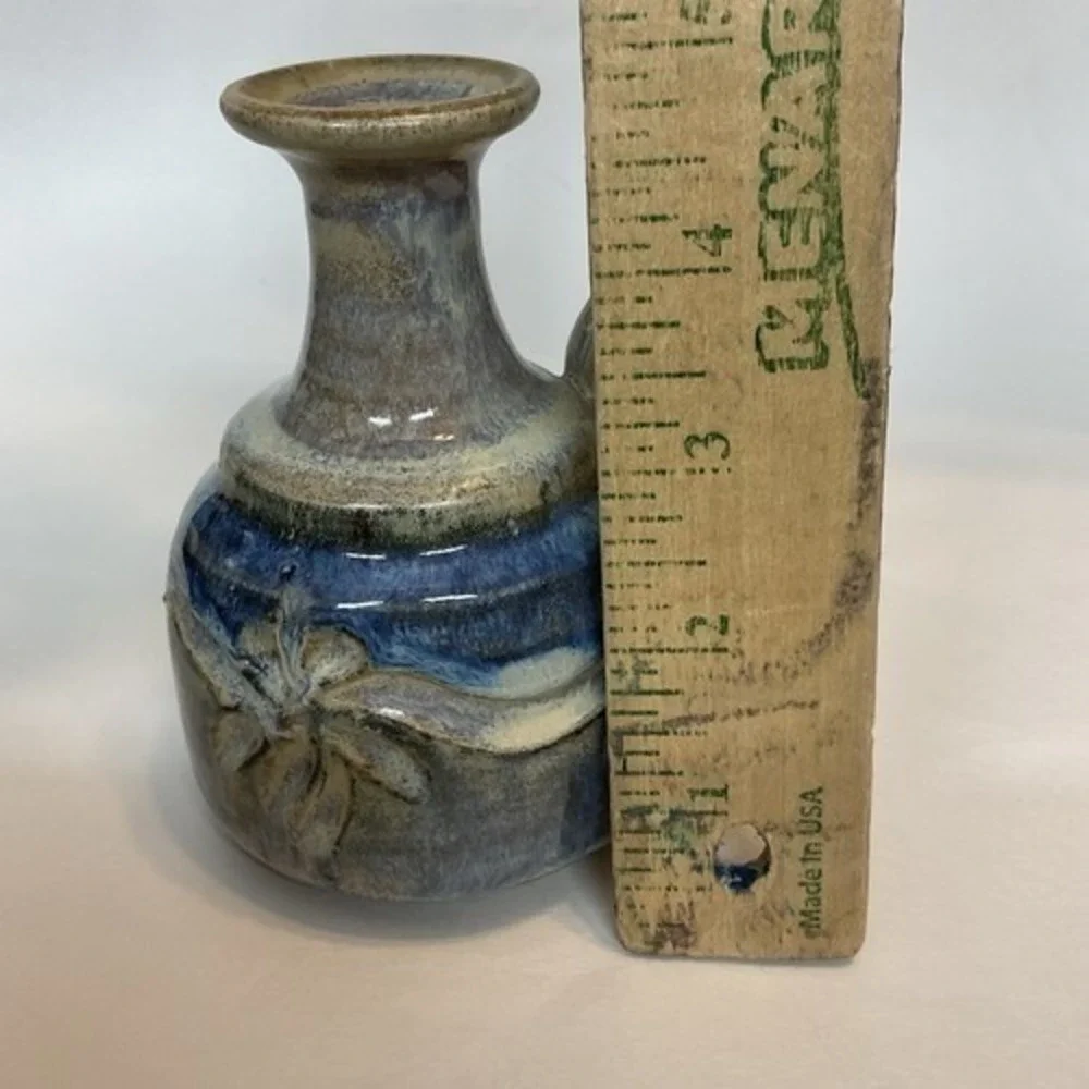 VTG Handmade Mini Miniature Vase Pitcher Gray Blue Glazed With Handel 5
